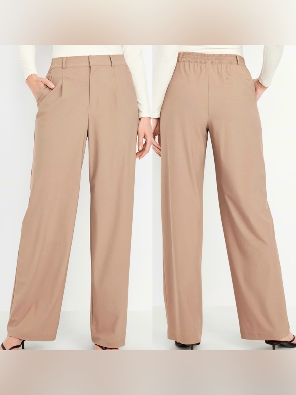 Old Navy Sleektech High Rise Wide Leg Pants Trousers L Petite Go Dry Beige Khaki